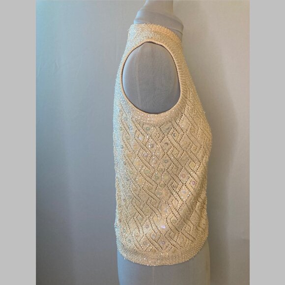 Vintage 1960s Joseph Magnin cream wool shell with iridescent beads, fully lined - Picture 4 of 6